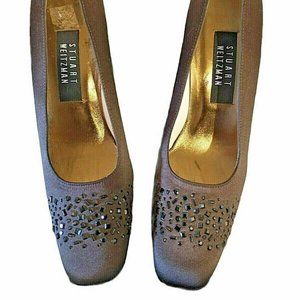 Stuart Weitzman Women's Sz 8 Brown Shimmer Square Toed Rhinestone Heels